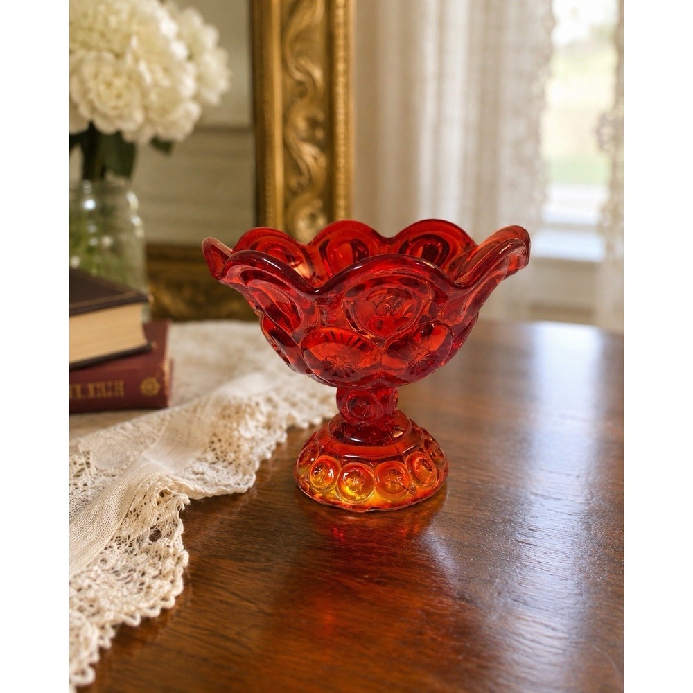Vintage LE Smith Moon & Stars Amberina Glass Pedestal Compote Candy Dish 5"